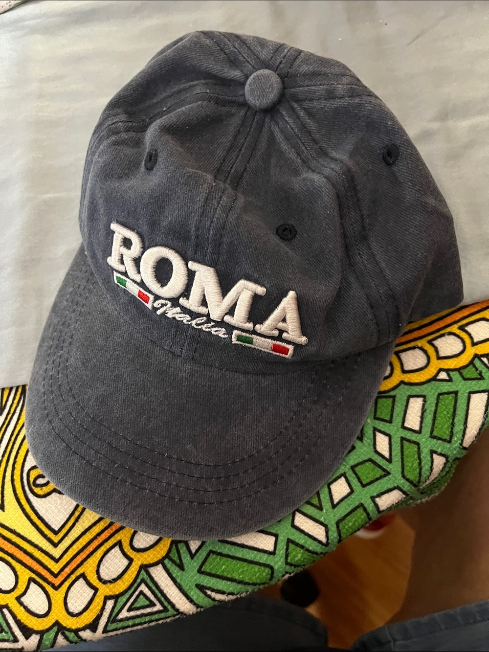 #15-Roma Washed Navy Kid’s Baseball Cap w/White Embroidery & Italian Flag Detail